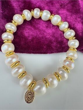 Victoria Emerson White Fresh Water Pearls & Gold Spacer Stretch Bracelet